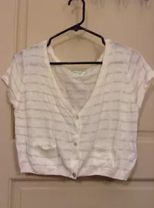 New Juniors Large Ivory Metallic Shrug Sweater Button Down Shirt Cardigan L Nice - Imagen 1 de 10