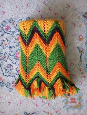 Vtg 70s Crochet Knit Blanket Afghan Throw Chevron Fringe Green Orange Yellow - Image 1 of 4
