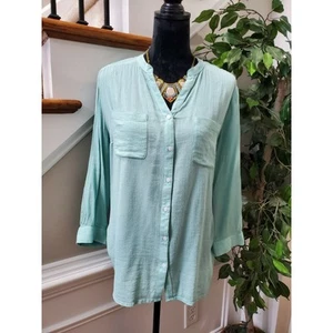 Charter Club Women's Solid Aqua Cotton & Viscose V-Neck Long Sleeve Blouse Large - Picture 1 of 12