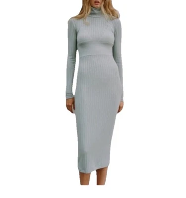 ZARA High-Neck Ribbed Knit Midi Dress Women Sz L in Blue-gray Long Sleeve - Image 1 of 4