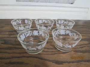 SET OF 5 CLEAR CUSTARD BOWLS W/ WHITE FLOWERS VGUC LIBBEY? - Picture 1 of 7