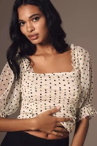 Anthropologie Maeve Short-Sleeve Mesh Polka Dot Ruched Top Women’s Size M NWOT - Picture 1 of 6