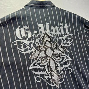 G Unit Shirt Men XL Black Button Up Striped Patch Hip Hop Street Heavyweight Y2K - Picture 1 of 13