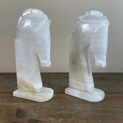 "Juego de sujetalibros vintage de mármol tallado a mano cabeza de caballo de Troya piedra de ónix de 8,5"" de alto" Foto 1 de 4