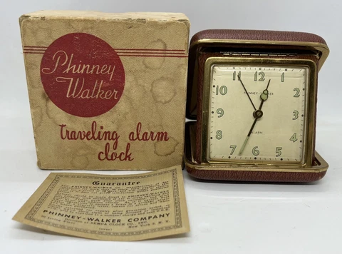 Vintage Phinney Walker Folding Traveling Alarm Clock PW27 Box & Instructions Cover