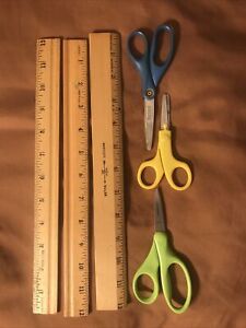 4 Used Pair Of Blunt Scissors Teal Stockwell Brand & Yellow Unbranded & 3 Rulers