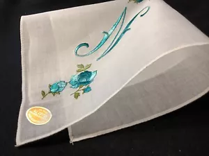 #8810🌟Vintage 50s Swiss TURQUOISE ROSES Monogram “N” Wedding Handkerchief TAG - Picture 1 of 8