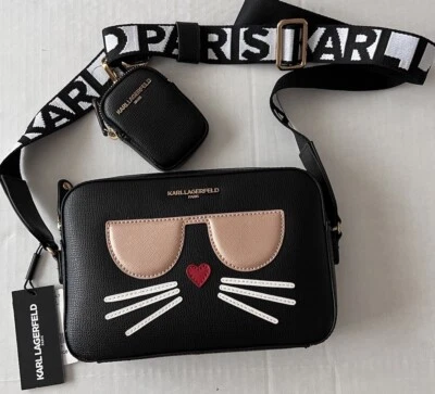 Karl Lagerfeld Black Cat Heart Shoulder Bag Handbag Adjustable Strap Coin Purse - Image 1 of 4
