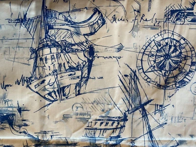 1yd x 56" Premier Prints Décor Fabric Schooner Nautical Sailing Boat Blue White Foto 1 de 4