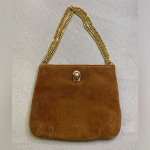 Vintage Ruth Saltz brown suede cougar head purse gold chain shoulder bag - Picture 1 of 13