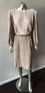 Crinkle MIDI Vintage 80s Retro Taupe Beige Party Caftan Dress XL - Picture 1 of 6