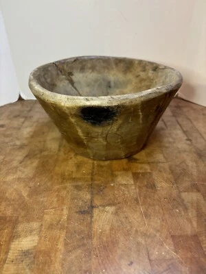 Antiguo cuenco de trituración de hierbas de madera primitivo temprano artículos de madera granja campo Foto 1 de 4