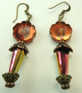 Ohrringe gebrannt orange tschechische Blume Kristall Herbstfarben Handarbeit Schmuck - Bild 1 von 1