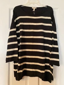 NEW EILEEN FISHER Top Sz L 100% Cotton Black/White Striped Bateau Neck Women NWT - Picture 1 of 6