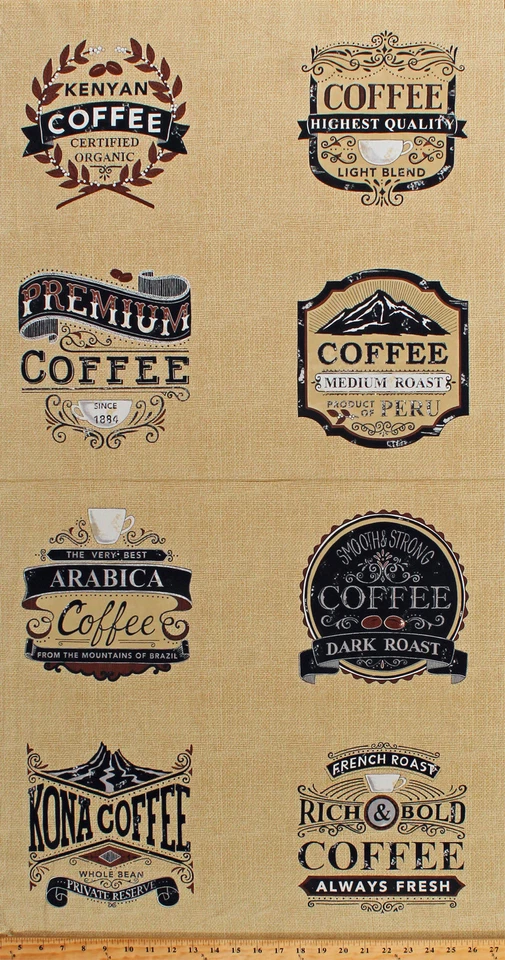 23" X 44" Panel Coffee Roasts Cafe Brew Tan Burlap-Look Cotton Fabric (D505.32) - Image 1 of 1
