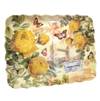 Yellow Rose Butterfly Serving Tray Platter French Postage Stamp Melamine NEW - Image 1 of 4