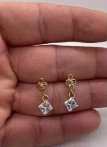 14K YELLOW GOLD DROP DANGLES EARRINGS 4 CT PRINCESS CUT LAB CREATED DIAMONDS - Picture 1 of 8
