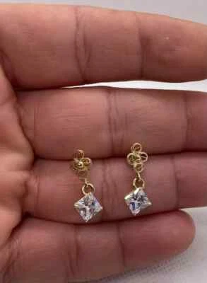 14K YELLOW GOLD DROP DANGLES EARRINGS 4 CT PRINCESS CUT LAB CREATED DIAMONDS - Image 1 of 4