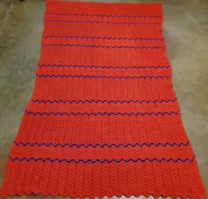 Red Throw Crochet Blanket W/ Blue Zigzag Striping Handmade 48" X 76" Reversible - Picture 1 of 3