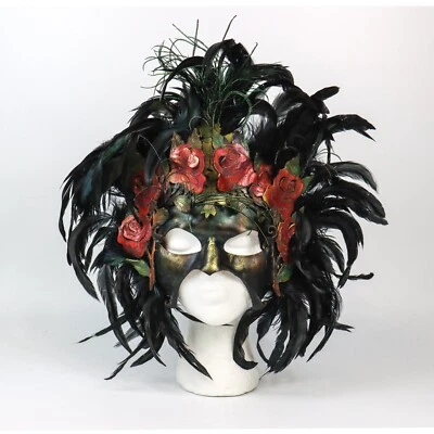 ArtsMyths Studio Large Leather and Feather Half Mask with Red Roses Masquerade - Image 1 of 4