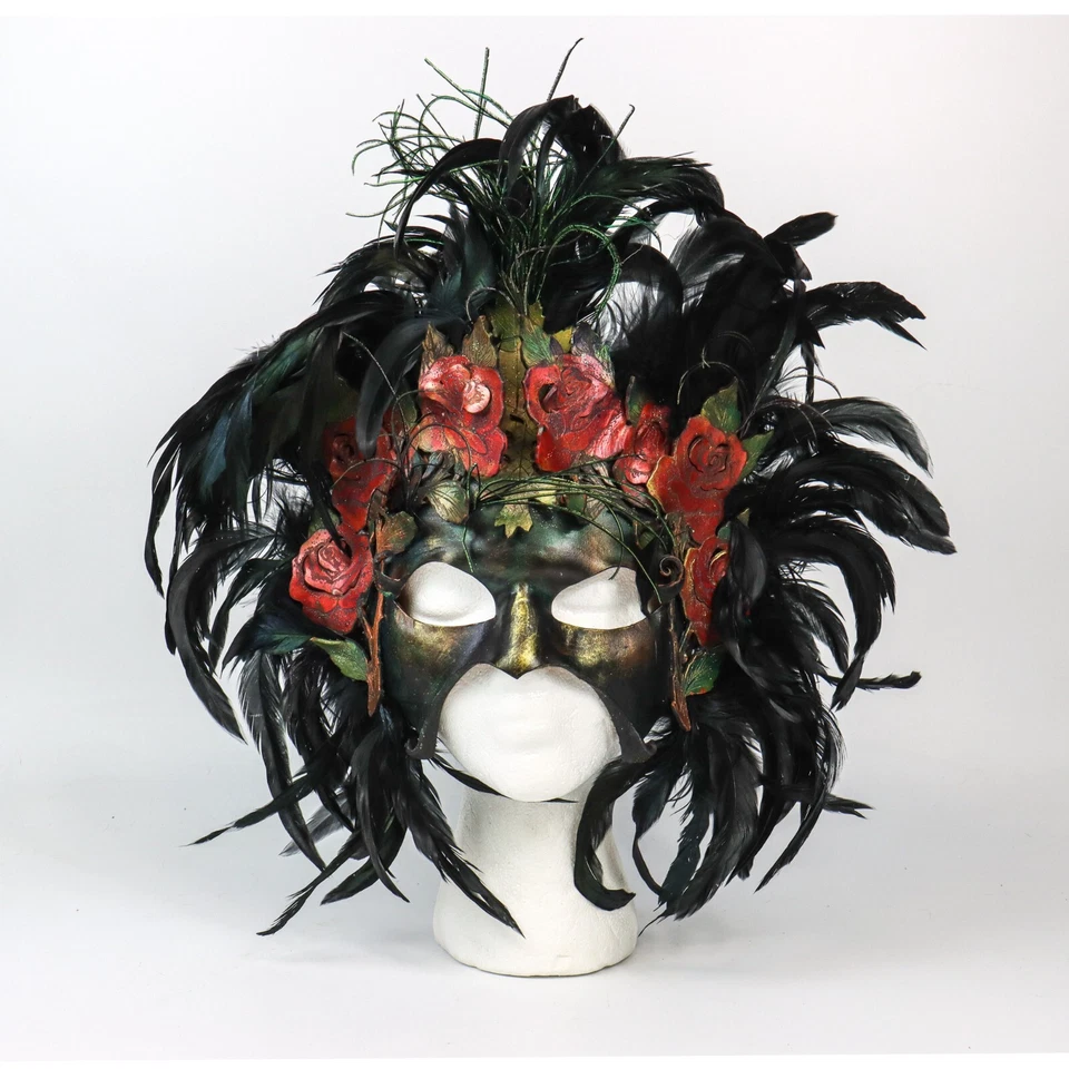 ArtsMyths Studio Large Leather and Feather Half Mask with Red Roses Masquerade - Image 1 of 4
