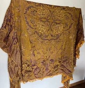 Antique Lg. Asian Scenery Design Phoenix Bird Fringed Bedspread Vintage 97X77” - Picture 1 of 12