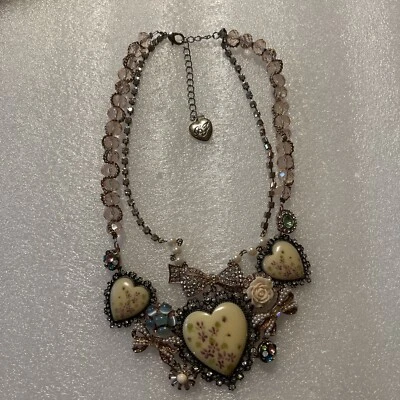 Betsey Johnson Ceramic Flower Rhinestone Bow Heart Necklace Nwt Rare - Image 1 of 4