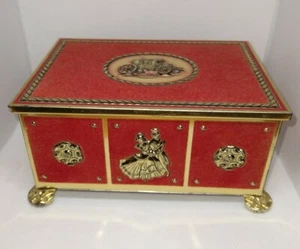 Vtg Footed Red Felt Gold Tin Trinket Box Western Germany Carriage Dancers Waltz - Picture 1 of 9