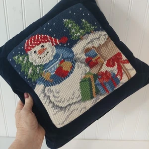 Almohada Vintage Navidad Muñeco de Nieve Punta de Aguja Azul Terciopelo Cremallera Trasera 12" - Imagen 1 de 6