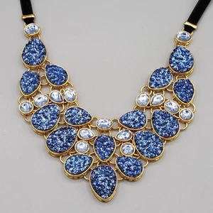 Joan Rivers Signed Blue Faux Drusy Gold Tone Black Velvet Bib Necklace 20" - Picture 1 of 11