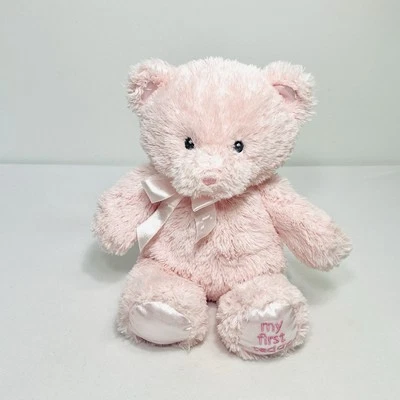 My First Teddy Bear Pink Plush 8" Satin Ears Feet Bow Sewn Eyes Baby Gund - Image 1 of 4