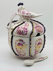 Anthropologie Ceramic Jam or Condiment Jar Bird White Fuchsia & Gold With Spoon - Picture 1 of 12