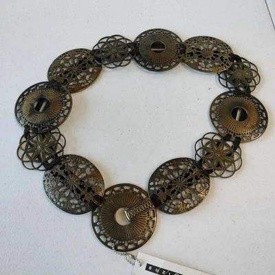 Bronze Elastic Metal Disc Belt L Stretch Western Boho Artsy Office - Image 1 of 4