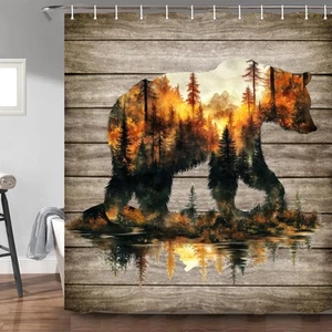 Rustic Bear Shower Curtain Country Wild Animals Forest Plank Background Bath ... - Picture 1 of 5