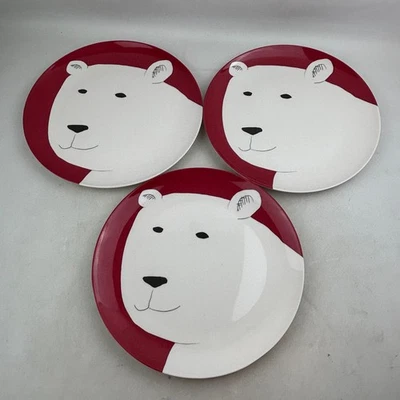 Crate & Barrel Polar Bear Melamine 10.5" Plate Lot of 3 White Red Winter Holiday - Image 1 of 4
