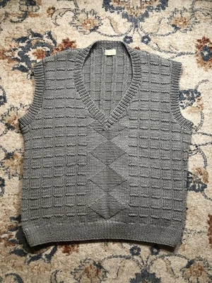 Chaleco Suéter Tejido a Mano Vintage Para Hombres XL Gris Patrón Diamante Pullover Años 80 Foto 1 de 4