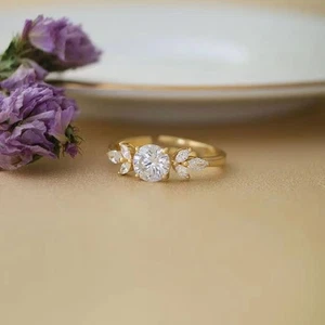 1.20Ct Round Cut Moissanite Unique Anniversary Ring In Solid 14K Yellow Gold - Picture 1 of 6