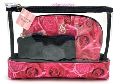 Victoria's Secret 3 Piezas Bolsa de Maquillaje Bolsa de Cosméticos Organizador Estampado Rosa RARO Foto 1 de 3