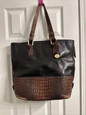 Bolsa tote de couro vintage Brahmin preta marrom jacaré crocodilo - Imagem 1 de 4