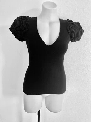 VALENTINO ROMA Top Black Cashmere Wool Ribbed Sweater Rose Appliqué IT44 M Italy - Image 1 of 4