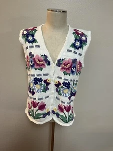 VTG Jantzen Flower Sweater Vest 80s 90s Hand Embroidered Grandmacore M/L - Picture 1 of 7