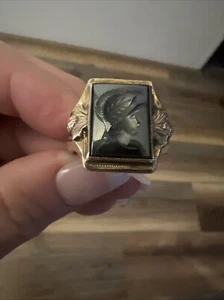Vintage 10k Gold & SS Bottom 1/2 Band Hematite Intaglio Roman Soldier Mens Ring - Picture 1 of 14