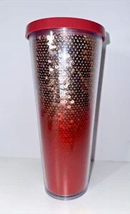Starbucks Rose Gold Red Ombre Sequin Acrylic Cold Cup Tumbler 24 Oz 2018 Holiday - Picture 1 of 6