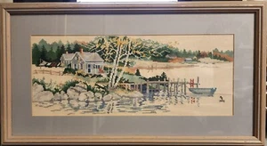 Vintage Needlepoint Lake Front House Dock Boat Fishing Framed Dated Completed  - Picture 1 of 15
