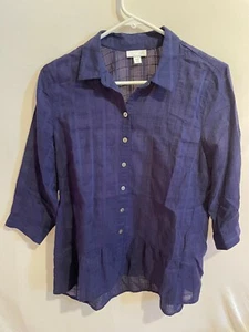 J. Jill Navy Blue Top Button Front Size Small Petite Semi Sheer High Low Hem - Picture 1 of 3