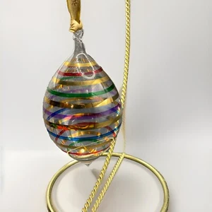 Vtg Blown Glass 24k Gold Stripes Glass Color Striped Teardrop Christmas Ornament - Picture 1 of 7
