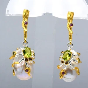 💎 Pendiente de perlas naturales y piedras preciosas en plata de ley 925 (enchapado en blanco y oro) - Imagen 1 de 10