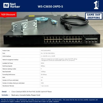 Cisco WS-C3650-24PD-S 24-Port GbE PoE+ w/ 2x10G Uplinks IP Base Switch - Image 1 of 4