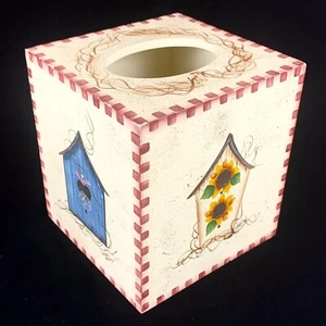 Quadratische bemalte Holz Tissue Box Abdeckung Vogelhäuser USA Flagge Blumen TOP - Bild 1 von 12