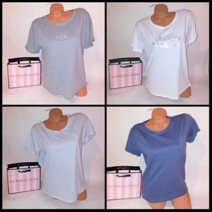 Victoria Secret T Shirt Short Sleeve Heart Gray White Blue Solid Stripe - Picture 1 of 12